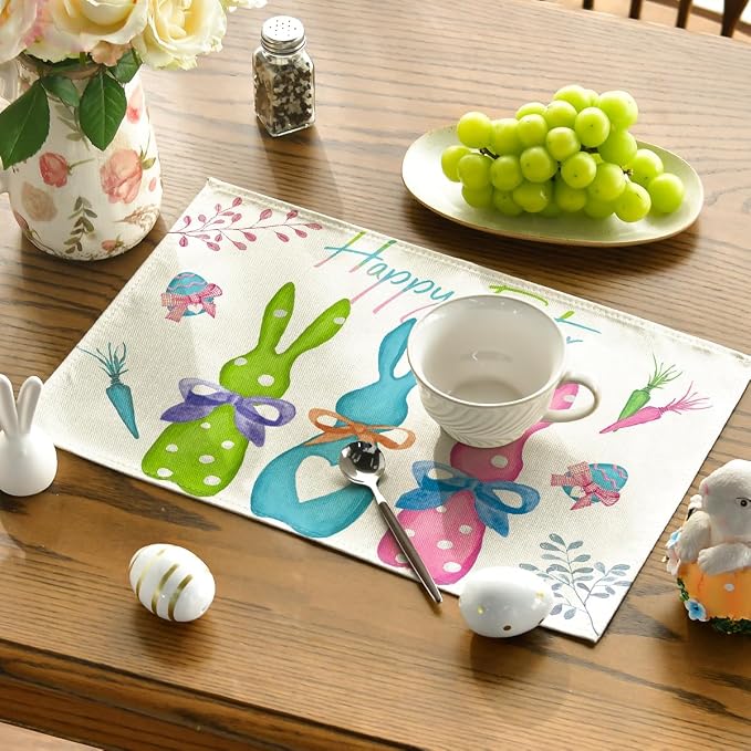 Niviy Green Blue Pink Rabbit Bunny Easter Placemats Set of 6, 12x18 Inch Spring Jesus Easter Table Mats for Holiday Party Kitchen Dining Room Decoration