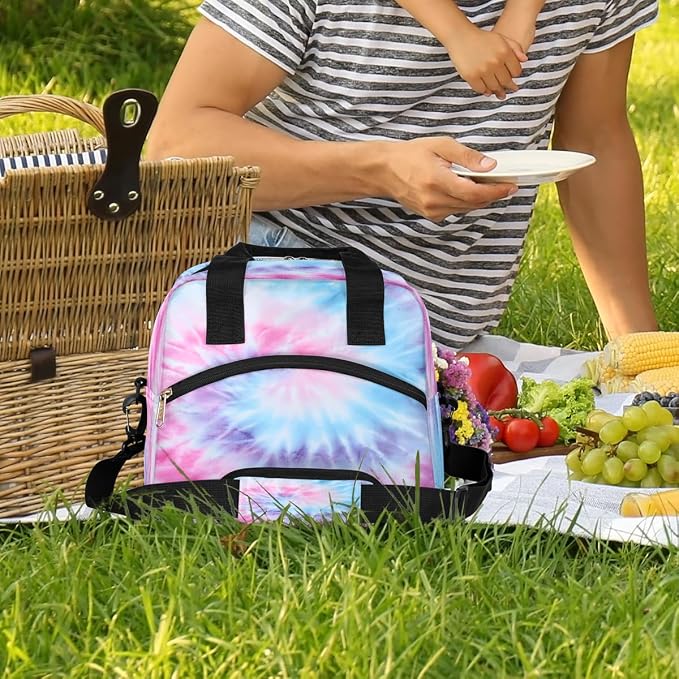 Tie Dye Pink Insulated Lunch Bags for Women Girls Adult Ethnic Reusable Lunch Tote Therma Cooler Bag with Shoulder Strap Lunch Box for School Work Office Picnic Meal Prep Bag