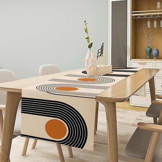 Abstract Mid Century Table Runner Sun Rainbow Geometric Arch Minimalisted Modern Aesthetic Summer Seasonal Dinner Runner for Farmhouse Home Kitchen Holiday Party Decor 13x90in
