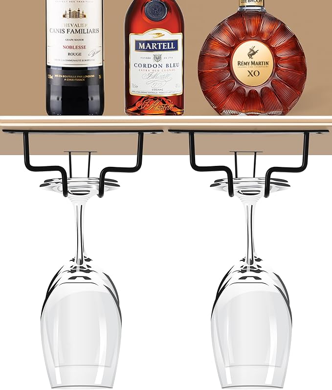 15.7 inch Wine Glass Rack under Cabinet 2Pcs under Shelf Wine Glass Holder Metal Stemware Holder Wine Glass Hangers for Mini Bar Kitchen Storage Black