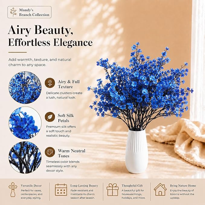 Mandy's Royal Blue Artificial Baby’s Breath Flowers 6 Bundles Silk Gypsophila, 18.5 Inch European Style Modern Home Decor Centerpiece, Neutral Wedding Flower Arrangements