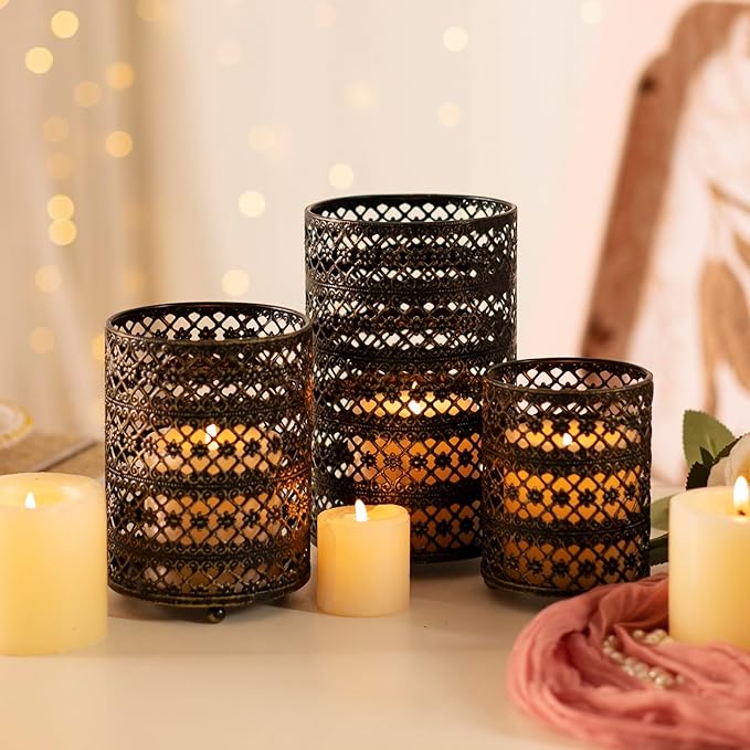 Metal Candle Holders Set of 3, Decorative Tealight Candle Holder Sets, Candlestick for Pillar Vintage Style Perfect for Tabletop Centerpieces Home Decor Wedding Parties Events