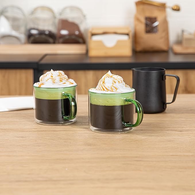 Restaurantware Coffee Cups 2 Pack of 11 oz Double Wall Glass Insulated Coffee Cup Borosilicate Mug Thermal Shock Resistant Handle Modern Design