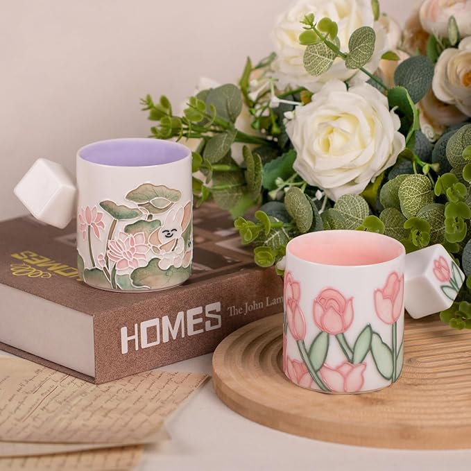 KAMMAK Ceramic Teacups - 155ml/5.2oz Coffee Cup - Set of 2 Hand-Painted Ceramic Cups - Small Vintage Mate Cup - Cute Mugs for Women - Ideal for Birthday, Afternoon Tea & Housewarming Gifts