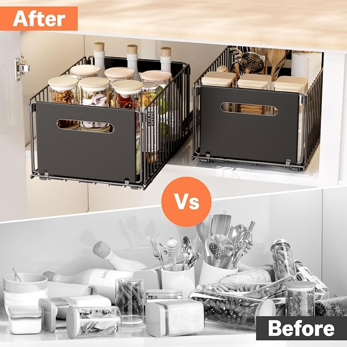 Pull Out Spice Racks for Inside Cabinets, Heavy Duty Under Sink Pull Out Organizer 2 Pack, Slide Out Drawers for Kitchen Cabinets, Bathroom, Pantry Organizers, 14.6”D x 9.6" W x 7" H, Black