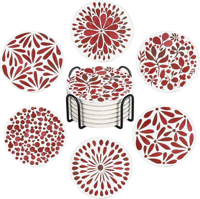Drink Absorbent Coasters with Holder Set of 6, Ceramic Stone with Cork Base, Modern Red Abstract Geometric Coaster for Drinks, Gift for Housewarming Room Bar Home Decor Kitchen