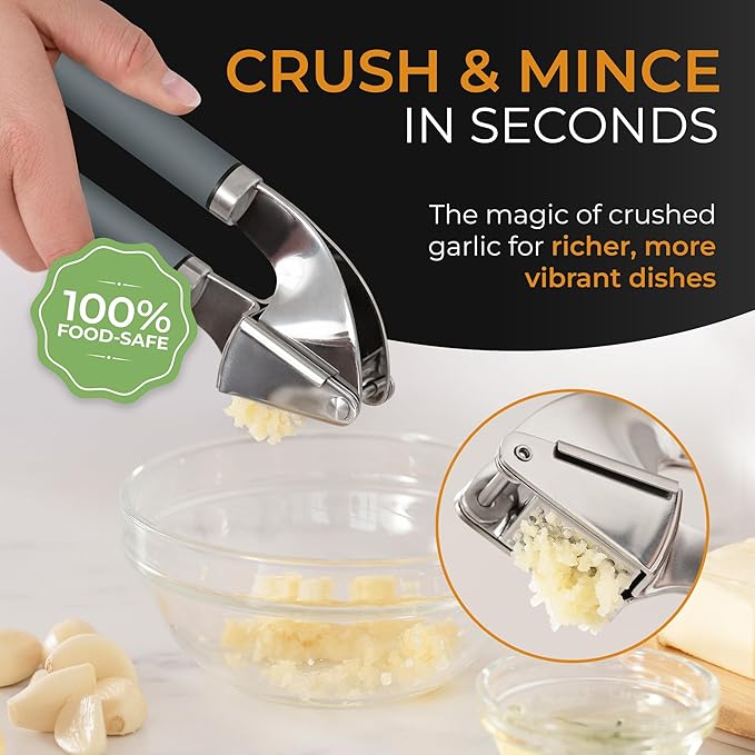 ORBLUE Garlic Press and Peeler Set, Stainless Steel - Professional Grade Mincer, Crusher - Dishwasher Safe & Rust-proof, Gray