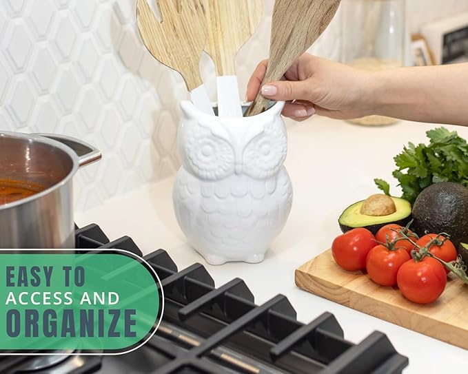 Comfify Owl Utensil Holder Decorative Ceramic Cookware Crock & Organizer, in Lovely White Color - Utensil Shaped Caddy and Perfect Kitchen Ceramic Decor Gift for Countertop - 5” x 7” x 4” Size