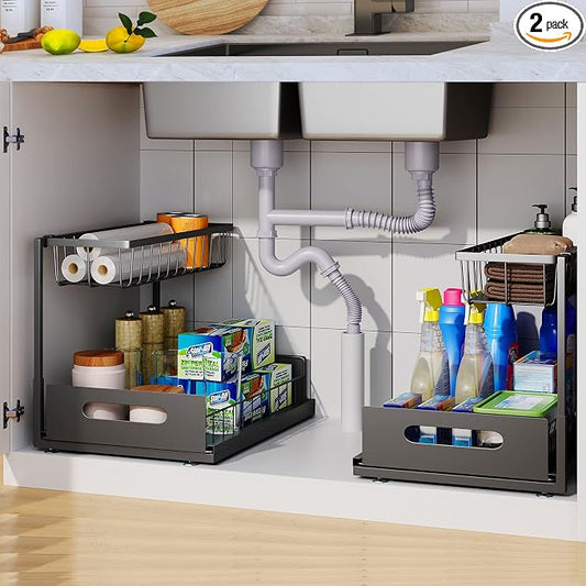 2 Pack Under Sink Organizer, 2 Tier Pull-Out Cabinet Storage Shelf, Rust-Resistant Metal Organizer for Kitchen Bathroom Laundry Room, No Tools Installation, Black