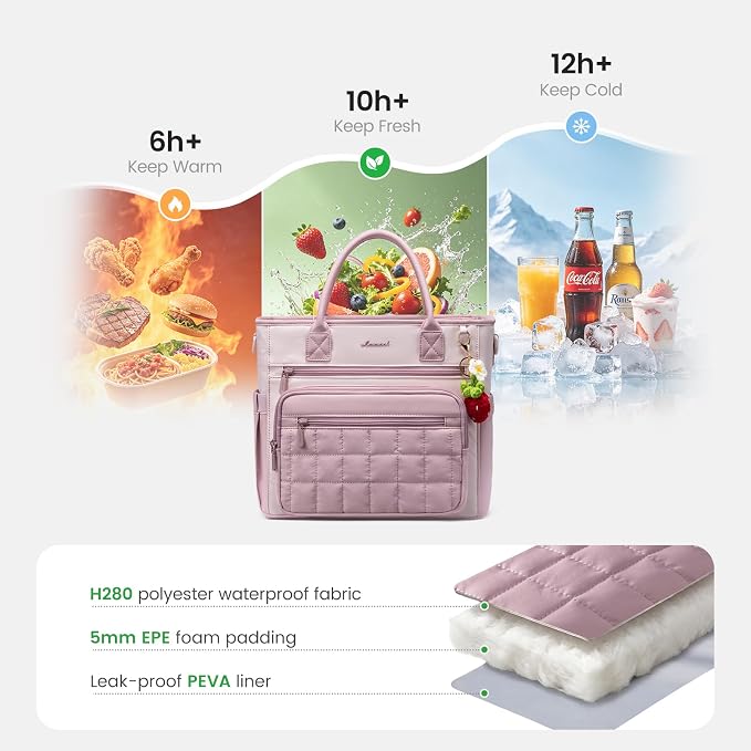 LOVEVOOK Insulated Lunch Bag Women,Puffer Adult Lunch Box for Women with Handmade Strawberry Charm,Wide Opening Leakproof Cooler Bag with Cup Holder for Work Picnic Beach Family College Mom Teacher