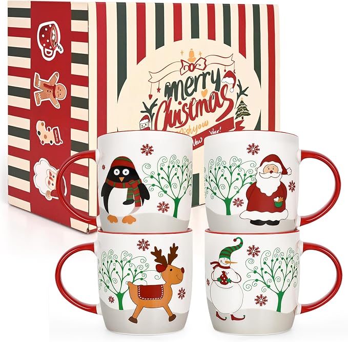 YHRJWN Christmas Mugs Set of 4, Merry Christmas Coffee Mugs with Reindeer, Santa, Snowman, Penguin Designs, Holiday Gifts for Family & Friends, 11 Oz