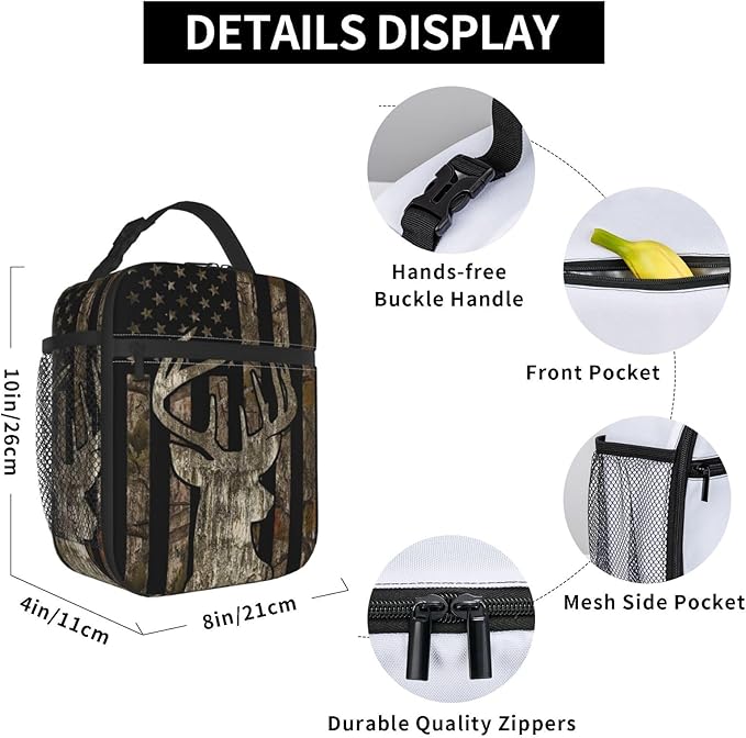Gianlaima Camo Camouflage Deer American Flag Brown Insulated Lunch Box For Women And Man, Portable Lunch Bags Reusable Cooler Tote For Office Work Travel Picnic Camping Beach