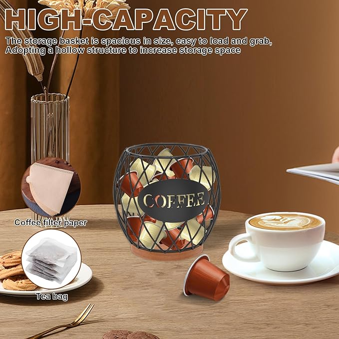 Coffee Pod Holder Organizer, 35Pcs Large Capacity Cup Storage Basket, Coffee Pod Basket for Kitchen Office Desktop, Espresso Pods Storage for Kitchen Counter, Rust Resistant(Black)