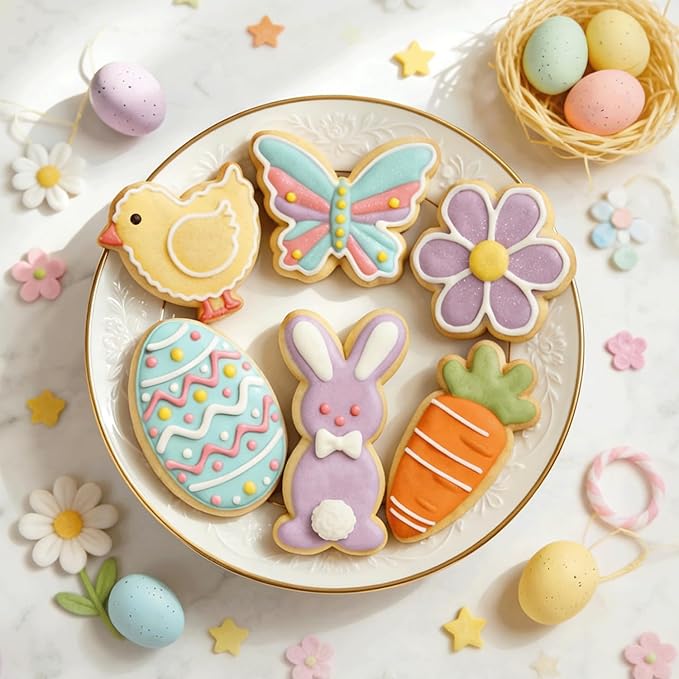 Easter Cookie Cutters 6 Pieces Metal cookie cutters Stainless Steel Sets Egg, Rabbit, Carrot, Chick, Butterfly, Daisy Shapes Cookie Cutter for Spring Holiday Baking