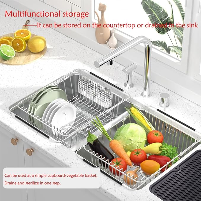 NiuYichee Stainless Steel Dish Drying Rack(15"L x 8.3"W x 4.2"D), Expandable Fruit & Vegetable Drain Rack over Sink, Dish Drainer Rack in Sink, with Stainless Steel Utensil Holder & 16" Silicone Mat
