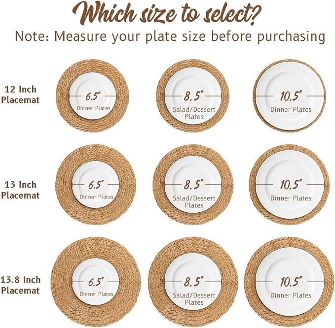 13.8 in Round Woven Placemats Plate Chargers Set of 10, Rattan Wicker Table Mats Chargers for Dinner Plates Boho Farmhouse Rustic Place Mats for Dining Table Decor