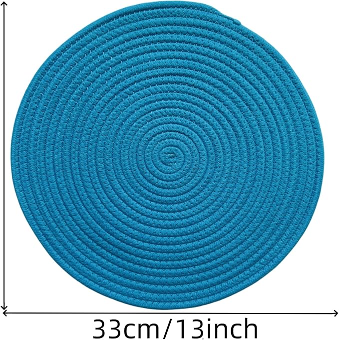 WAZAIGUR Round Placemats Washable Thick Cotton Absorbent 13 inch Round Table Mats for Kitchen Dining Table Set of 6 Round Woven Fabric Indoor/Outdoor Place Mats (Sky Blue, 6)