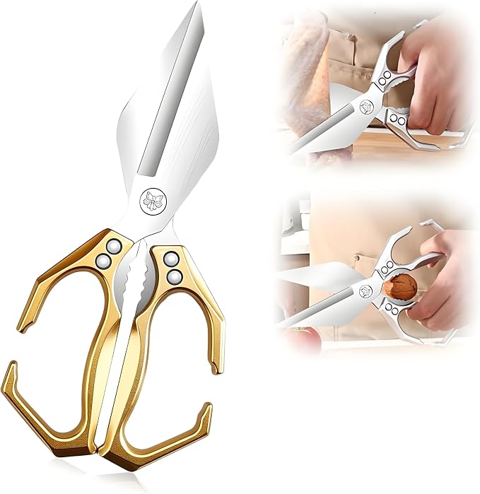 Multifunctional Heavy-Duty Kitchen Shears, Stainless Steel Kitchen Scissors for Food, Poultry Shears, Poultry, Meat, Seafood, Bone Cutting, Dishwasher Safe Ergonomic Handle (Gold)