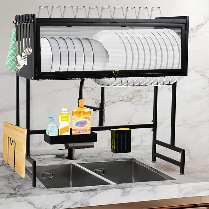 Over The Sink Dish Drying Rack - 3 Tier Large Capacity Metal Dish Drainer Over The Counter Dish Rack Kitchen Sink Shelf with Cover for Kitchen Storage & Organization Black