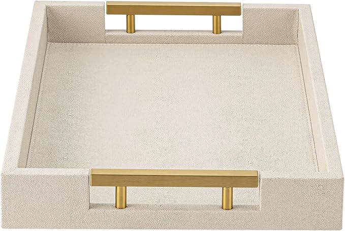 Beige Faux Leather Serving Tray with Handles – Large Decorative Tray for Coffee Table, Ottoman, Living Room, Bathroom – Home Decor