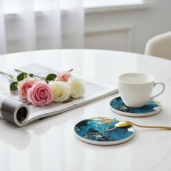 Colorful Ceramic Marble Coasters Set of 6, Cute Moisture Absorbing Coaster, Coffee Table Decor, Stone Absorbent Drink Coasters