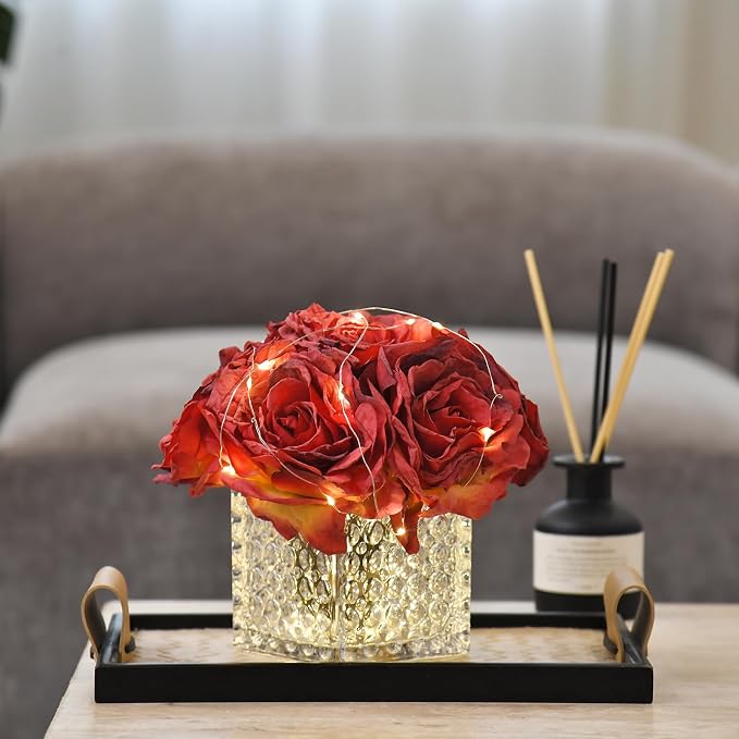 Artificial Rose in Glass Vase Vintage Silk Flower Arrangement with LED Light for Table Centerpiece Home Wedding Decoration (Red)