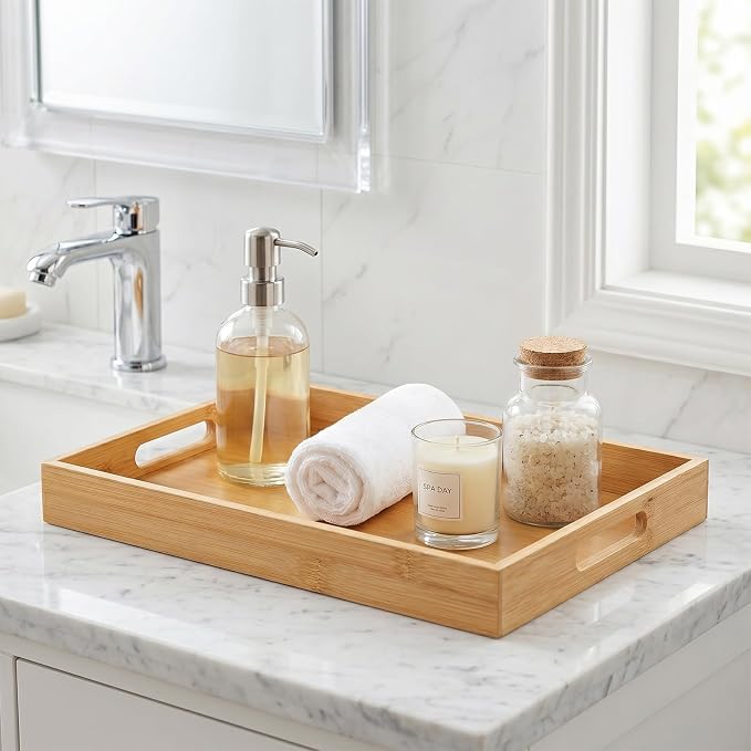 Briful Bamboo Decorative Tray with Handles - 16 x 12 Inch Rectangle Serving Tray for Coffee Table Decor Farmhouse Kitchen Counter Organizer & Bathroom Vanity Tray