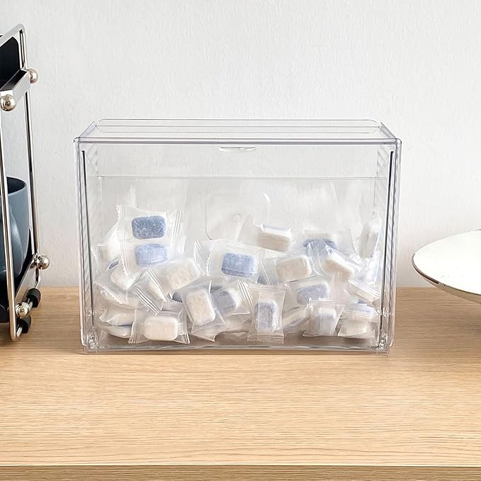 Clear Dishwasher Detergent Pod Holder for Kitchen Cabinet, Plastic Under Sink Storage and Organizer for Lid, Sponge, Coffee Pods, Large Laundry Pods Dispenser Box with Divider
