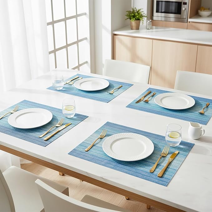 Placemats Set of 6, Vinyl Woven Placemats, Washable Heat-Resistant Durable Non-Slip PVC for Kitchen Dining Tables, Indoor/Outdoor Table Mats (Blue, 6)