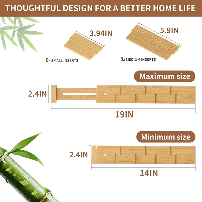 Bamboo Drawer Dividers with Inserts kitchen drawer organizer Adjustable Expandable 8 Pack Organizer Set for Kitchen Bedroom Bathroom Office 8 Dividers with 16 Inserts (Natural, Small (14-19IN))