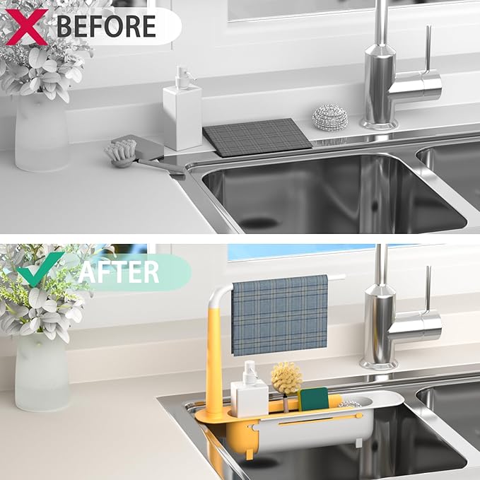 Telescopic Sink Storage Rack with 2 Sponge - Sink Caddy Sponge Holder for kitchen sink (Yellow)