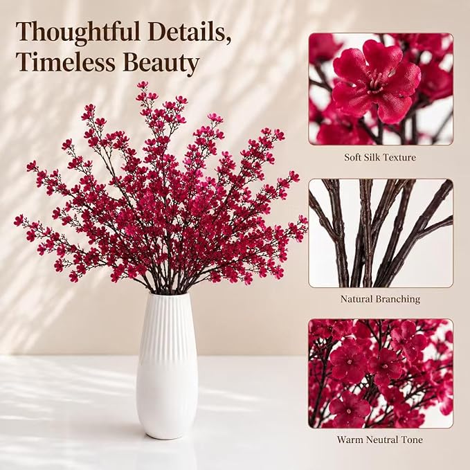 Mandy's Burgundy Artificial Baby’s Breath Flowers 6 Bundles Silk Gypsophila, 18.5 Inch European Style Modern Home Decor Centerpiece, Neutral Wedding Flower Arrangements