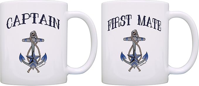 Captain & First Mate Couples Nautical Mug Set Sailing Boat Bundle 2 Pack 11oz Ceramic Coffee Mugs White