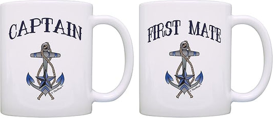 Captain & First Mate Couples Nautical Mug Set Sailing Boat Bundle 2 Pack 11oz Ceramic Coffee Mugs White