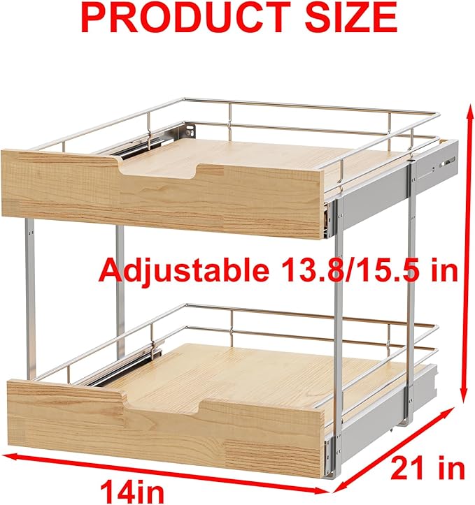 Sikarou Pull Out Cabinet Organizer,Heavy-Duty Slide Out Shelf, Wood and Wire Basket, Pull Out Drawer for for Kitchen Under Sink Space, Pantry, Bathroom, 2 Tie 14 * 21 in