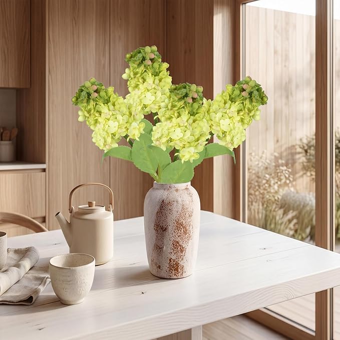 Green Hydrangea Artificial Flowers 4PCS Faux Silk Fall Flowers Artificial Dried Hydrangea Artificial Fall Bouquet 24” Fake Dried Hydrangeas Flowers with Stems for Table Vase Home Indoor Outdoor Decor
