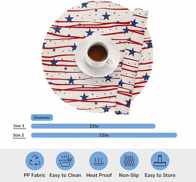 4th of July Round Placemats Set of 8 Patriotic Stars Place Mats Independence Day Woven Placemat Freedom Red Stripes Circle Braided Table Mat for Kitchen Dining Table Holiday Party Decor 15 Inch