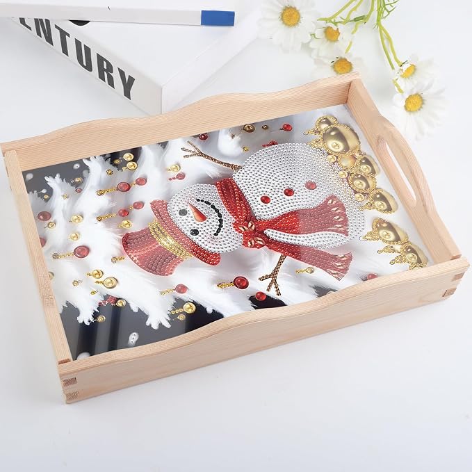DIY Diamond Serving Tray Rectangular Breakfast Tray with Handle Handmade Diamond Art Painting Wooden Tray for Dinner Plate Coffee Room Living Home Organizer-Snowman02