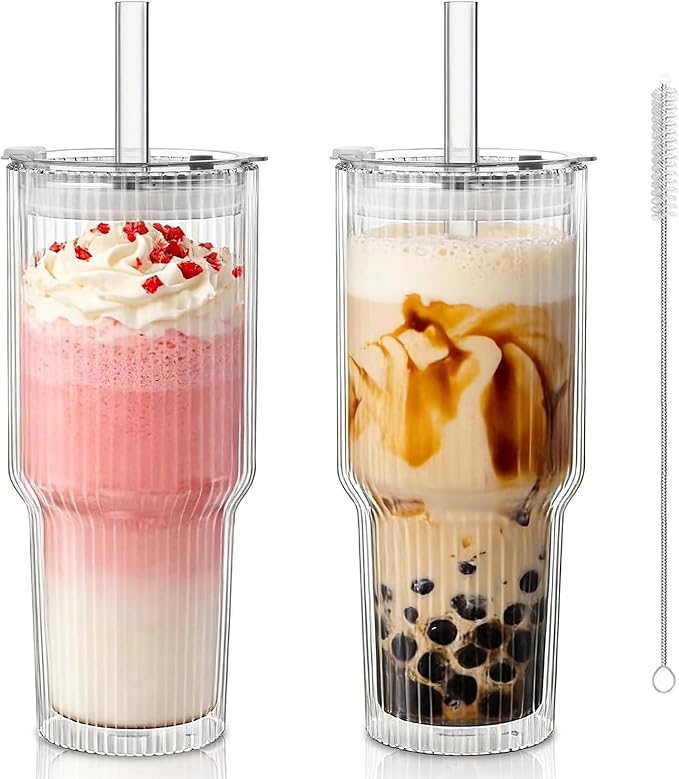 KEMORELA 28 oz Double Wall Glass Tumblers Set of 2, Extra-Wide 13mm Reusable Drinking Straws, Boba Tumbler, Wide-Mouth Water Cups for Iced Coffee, Smoothies, Boba & Tea Lovers (Ribbed)