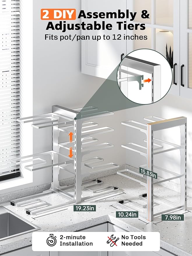 MUDEELA 8-Tier Pots and Pans Organizer under Cabinet, 15.83" Height Heavy Duty Pot Pan Organizer Kitchen Cabinet Organization and Storage, Adjustable Pot Rack for Frying Pan, Cast Iron Skillet, Sliver