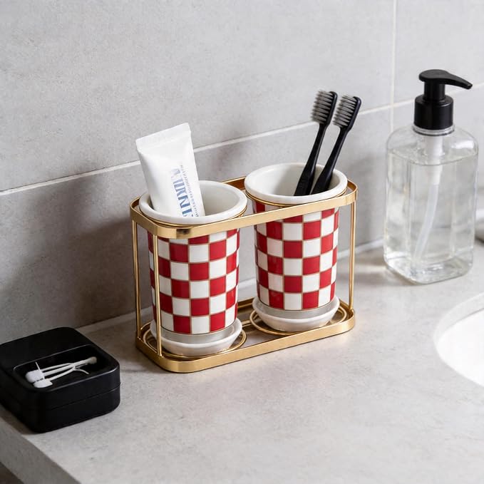Ceramic Checkered Utensil Crocks with Gold Metal Rack, Black & White Grid Kitchen Utensil Storage, Farmhouse Kitchen Decor, Flatware Organizer & Home Accessory (Red)