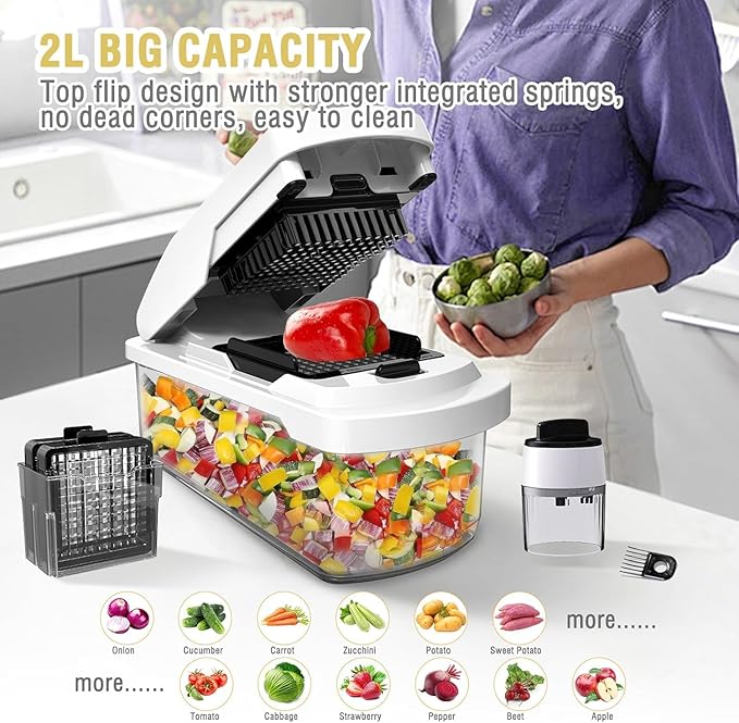 Vegetable Chopper with Container - 15-in-1 Mandoline Slicer, Food Dicer, Onion Cutter & Cheese Grater - Manual Veggie Chopper with Storage, Stainless Steel Blades