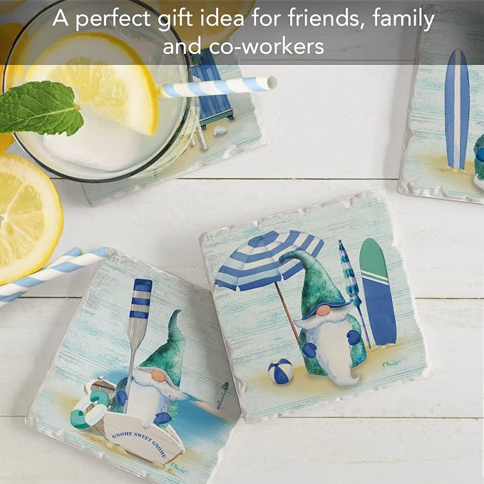 Thirstystone Coastal Gnomes 4 Pack Assorted Tumbled Tile Stone Coasters with Protective Cork Backing Manufactured in The USA Absorbent Easily Wipes Clean