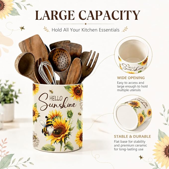 Bee Gnome Utensil Holder, Ceramic Kitchen Utensil Holder, Utensil Crock for Home Kitchen Countertop Storage Organizer Container, Large Holder for Spatulas, Spoons, Kitchen Counter Decor, 6"