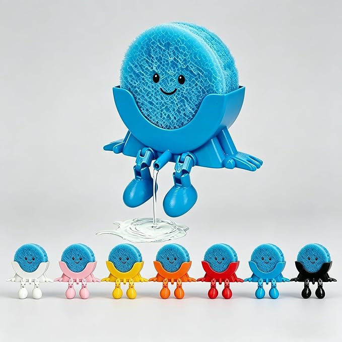 Cute Hanging Sponge Holder with Drainage,3D Printed Kitchen Funny Sponge Stand for Sink,with Non-Slip Pads,Suitable for Scrub Daddy Holder,Keeps Your Sponge Dry Smiling (Blue)