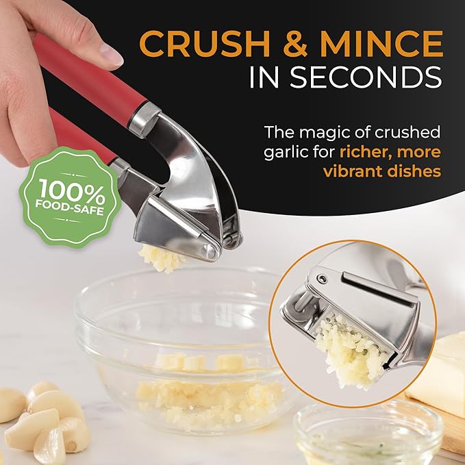 ORBLUE Garlic Press and Peeler Set, Stainless Steel - Professional Grade Mincer, Crusher - Dishwasher Safe & Rust-proof, Red