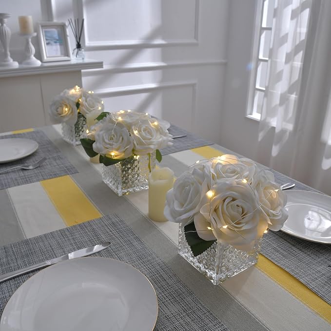 Fule Artificial Silk Rose Flower Centerpiece Arrangement in Glass Vase with LED Light for Home Wedding Decoration (Ivory)