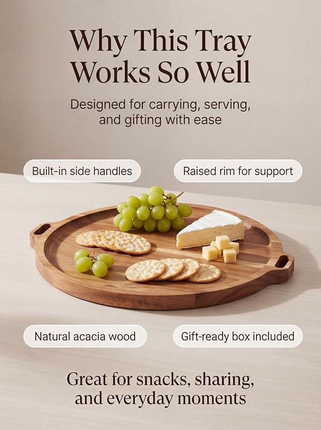 Premium Acacia Wood Round Charcuterie Board, 13 Inch Snack Board with Side Handles, Wooden Cheese Board and Serving Platter for Appetizers, Bread, Fruit and Snacks