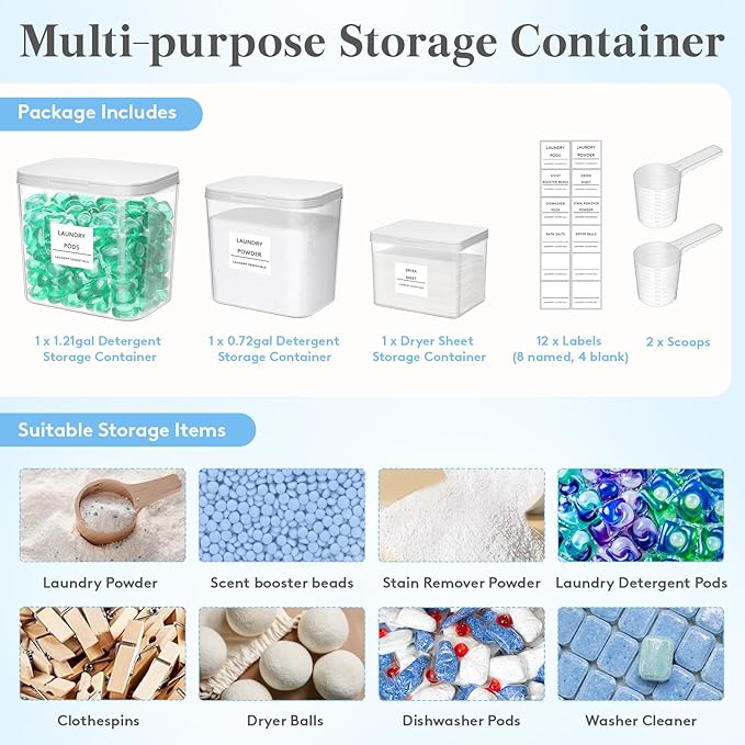 Lifewit Laundry Pods Container with Pop-up Lid, Laundry Room Organization, Dryer Sheet Holder for Washing Powder Scent Booster Beads, 2700 +4500+1800ml/0.5+0.72+1.2gal,3 Pcs