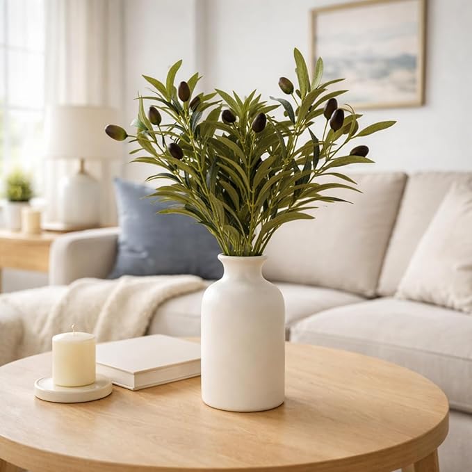 Artificial Olive Branches in Vase, 4 Pcs Faux Olive Stems with Olives 16", Matte White Ceramic Vase 5.7", Farmhouse Dining Table Centerpiece, Kitchen Table Decor
